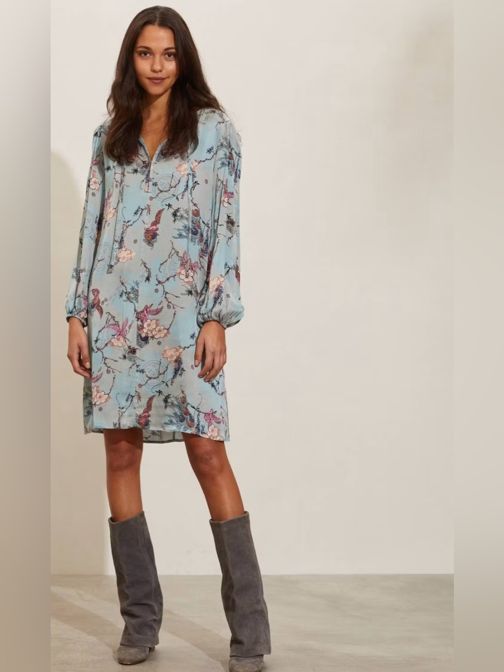 Light Blue Printed Tie Front With Clasp Long-Sleeve Shift Dress Size-2 Boho Chic
